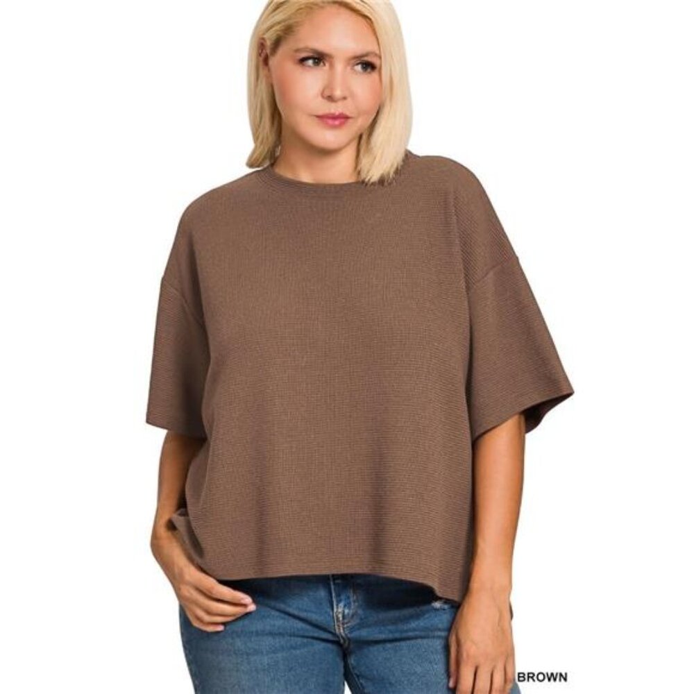 Zenana Full Size Double Knit Side Slits Hi Low Short Sleeve Top Plus Size